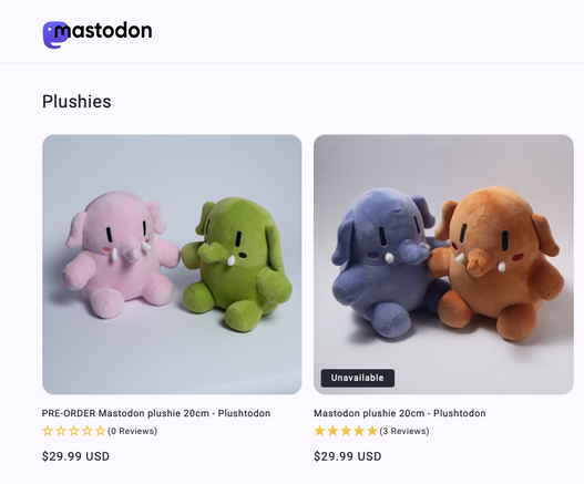 The Mastodon online shop, showing 4 plushie mastodons in the same colors - pink, lime, indigo, and orange.